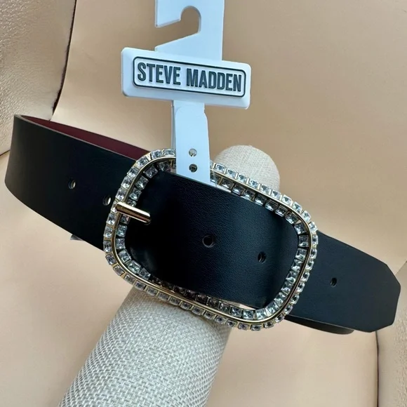 Steve Madden Reversible Vegan Leather Belt Black Burgundy Rhinestone Buckle Med. - Picture 3 of 12